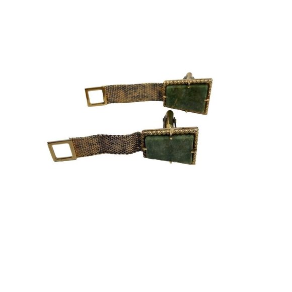 Cufflinks Tie Tack Goldtone Jade Look Stone Wraparound Mesh - Picture 4 of 5